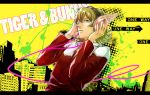  barnaby_brooks_jr blonde_hair cityscape glasses green_eyes headphones jacket letterboxed male red_jacket solo street_signs tiger_&amp;_bunny ymsr 