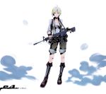  arsenixc assault_rifle bad_id blonde_hair boots breasts choker cleavage fingerless_gloves gloves gun highres knee_boots m16 original rifle short_hair sleeves_rolled_up solo weapon 