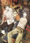  2boys black_hair book brown_eyes brown_hair highres lying male mouse multiple_boys nezumi_(no.6) no.6 official_art on_back open_mouth shion_(no.6) short_hair toi8 