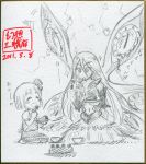  adult alternate_hairstyle cake dark_persona dual_persona ex-rumia food gensoukoumuten long_hair monochrome multiple_girls rumia scan shikishi short_hair sketch smile the_embodiment_of_scarlet_devil touhou traditional_media wings youkai 