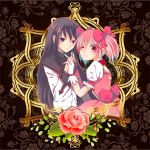  akemi_homura angeloid black_hair bow fingers_clasped flower gloves hair_bow hairband hands_clasped interlocked_fingers kaname_madoka long_hair magical_girl mahou_shoujo_madoka_magica multiple_girls pink_eyes pink_hair purple_eyes rose short_twintails twintails violet_eyes white_gloves wink 