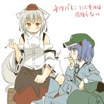  animal_ears backpack bag bare_shoulders blue_eyes blue_hair blush brown_eyes cigarette detached_sleeves face hair_bobbles hair_ornament hat inubashiri_momiji kawashiro_nitori key multiple_girls randoseru short_hair silver_hair sitting smoking tail tokin_hat touhou translated translation_request twintails wolf_ears wolf_tail yudepii 