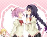  akemi_homura black_hair blonde_hair blush braid closed_eyes drill_hair eyes_closed failure glasses hair_ribbon hairband incipient_kiss kaname_madoka kyubey mahou_shoujo_madoka_magica okitakung open_mouth pink_hair pocky pocky_kiss red-framed_glasses red_eyes ribbon shared_food tomoe_mami trembling twin_drills twintails 