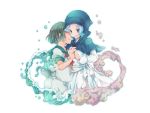  black_hair blue_eyes closed_eyes cloud clouds dress eyebrows eyes_closed hand_holding hands_clasped highres holding_hands hood interlocked_fingers kumoi_ichirin lavender_hair lips multiple_girls murasa_minamitsu no_hat no_headwear sailor short_hair simple_background smile toropp touhou water 