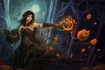  black_hair book cat dress halloween long_hair magic orange_eyes original pumpkin sandara solo witch 