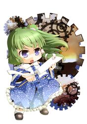  blue_eyes blush chibi dnk frog gears gohei green_hair hair_ornament kochiya_sanae long_hair skirt snake touhou 