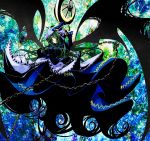  beshi blue_background blue_dress capelet chain chains crescent demon_wings dress green_eyes green_hair hat highres large_wings long_hair looking_down mima pointy_ears psychedelic solo staff touhou touhou_(pc-98) weapon wings wizard_hat 