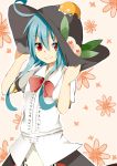  1girl blue_hair food fruit hat hinanawi_tenshi katorinuko long_hair peach red_eyes ribbon smile touhou 