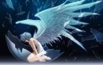  angel_wings ayanami_rei barefoot blue_eyes blue_hair broken_glass carnelian glass highres neon_genesis_evangelion nightgown off_shoulder original solo wallpaper wings 
