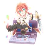  3ds :d ahoge belt chibi coat gloves green_eyes happy kinoshita_neko luke_fon_fabre male nintendo_3ds open_mouth pants red_hair redhead shoes smile solo sword tales_of_(series) tales_of_the_abyss video_game weapon 