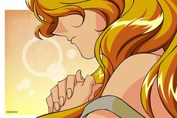  bare_shoulders bishoujo_senshi_sailor_moon frown hands_clasped highres hitodama_(artist) long_hair magical_girl morrow morrow_(artist) no_eyes orange_hair sailor_galaxia solo 