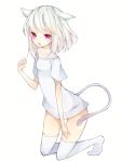  animal_ears bare_shoulders bottomless cat_ears cat_tail catgirl chico152 female highres kneeling off_shoulder open_mouth original pink_eyes red_eyes simple_background solo t-shirt tail thigh-highs thighhighs white_background white_hair white_legwear zettai_ryouiki 