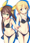  bikini blonde_hair brown_hair charlotte_dunois fang green_eyes hair_ribbon highres huang_lingyin infinite_stratos long_hair mound_of_venus multiple_girls navel open_mouth purple_eyes ribbon smile standing swimsuit twintails violet_eyes yukityasoba 