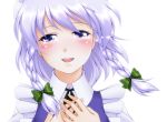  blue_dress blue_eyes blush bow braid close-up confession dress genjuu_rou hair_bow hands_on_own_chest hands_to_chest happy_tears izayoi_sakuya maid open_mouth short_hair silver_hair smile solo tears touhou twin_braids 