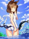  :&lt; animal_ears ass bad_id blush brown_eyes brown_hair cat_ears cat_tail chen cloud clouds fish from_behind kyon_(fuuran) looking_back multiple_tails no_hat school_swimsuit sky solo swimsuit swimsuit_tug tail thigh_gap thighs touhou wading water white_school_swimsuit yukimi_dango 