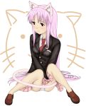  1girl alternate_animal_ears animal_ears bad_id bad_pixiv_id bad_proportions blazer cat_ears cat_tail commentary_request crescent crescent_pin dress_shirt fake_animal_ears hairband highres jacket loafers long_hair necktie no_socks panties pantyshot pink_hair rabbit_ears red_eyes red_necktie reisen_udongein_inaba shirt shoes sitting skirt solo tail tomato-pizza touhou underwear white_panties 