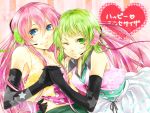  blue_eyes earmuffs elbow_gloves gloves green_eyes green_hair gumi happy_synthesizer_(vocaloid) headphones headset long_hair megurine_luka multiple_girls nail-diter pink_hair smile vocaloid wink 