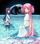  black_hair closed_eyes dress earth eyes_closed gloves goddess_madoka kaname_madoka long_hair mahou_shoujo_madoka_magica meiko_(puua) pantyhose pink_eyes pink_hair spoilers submerged tears twintails ultimate_madoka very_long_hair water wet wet_clothes 