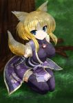  animal_ears aqua_eyes blonde_hair breasts dog_days dog_ears dog_tail fingerless_gloves fox_ears fox_tail gloves grass green_eyes highres impossible_clothes impossible_clothing impossible_shirt japanese_clothes jewelry kneeling large_breasts pendant seiza shirt sitting smile tail thigh-highs thighhighs tree tree_shade tsurime under_tree yukikaze_panettone 