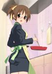  apron bad_id bespectacled blush brown_eyes brown_hair business_suit chopsticks frying_pan glasses hirasawa_ui k-on! looking_back office_lady open_mouth peko pepepe ponytail short_hair smile solo 