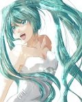  aqua_eyes aqua_hair bad_id bare_shoulders dress female hatsune_miku highres long_hair open_mouth roku simple_background smile solo strapless strapless_dress twintails vocaloid 