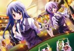  baseball_bat billhook blonde_hair blue_hair blush bowtie breasts bunnysuit card cards casino cleavage croupier dealer dutch_angle falling_card fishnet_pantyhose fishnets formal furude_rika hanyuu hat higurashi_no_naku_koro_ni holding holding_card houjou_satoko long_hair maebara_keiichi multiple_girls oriental_hatchet pant_suit pantyhose playing_card purple_eyes purple_hair red_eyes ryuuguu_rena scan short_hair sonozaki_mion sonozaki_shion sparkle suit vest 