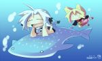  :3 animal_ears bad_id blonde_hair bubble chibi closed_eyes copyright_request cow_girl cow_print cow_tail eyes_closed fox_ears horns multiple_girls shark tail underwater ushi white_hair |_| 