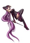  bare_shoulders black_legwear breasts dress elbow_gloves facial_mark fate/stay_night fate_(series) gloves large_breasts legs long_hair long_legs matsutake_umeo purple_eyes purple_hair rider strapless strapless_dress tattoo thigh-highs thighhighs thighs very_long_hair violet_eyes weapon zettai_ryouiki 