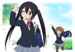  black_hair brown_eyes brown_hair closed_eyes eyes_closed hirasawa_yui k-on! long_hair mochizuki_yomogi nakano_azusa pantyhose school_uniform short_hair twintails wink 