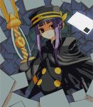  cape fumika gun hat kanaka letter long_hair postage_stamp postcard purple_hair shako_cap shigofumi solo staff stamp weapon 