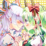  blonde_hair blush bow ex-keine forehead-to-forehead forehead_to_forehead fujiwara_no_mokou hand_holding hands_clasped holding_hands horns interlocked_fingers kamishirasawa_keine long_hair multiple_girls shinoasa smile touhou very_long_hair wavy_mouth 