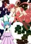  blue_hair brown_hair c_(control) c_the_money_of_soul_and_possibility_control dress eating flower green_eyes hair_flower hair_ornament head_wings horns long_hair mashu mashu_(control) multiple_girls pointy_ears q_(control) red_eyes short_hair tomonori1201 