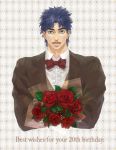  1boy argyle argyle_background birthday blue_eyes blue_hair bouquet flower formal happy_birthday jojo_no_kimyou_na_bouken jonathan_joestar saku_(fuyutsuki) solo suit 