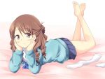  barefoot blush cardigan dekosuke drill_hair face feet hanasaku_iroha highres lying on_stomach school_uniform skirt smile socks solo wakura_yuina 