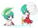  antennae bad_id blush cape chibi dress green_hair kazami_yuuka leaf_umbrella looking_away multiple_girls outstretched_hand pants rain red_dress red_eyes shirt short_hair sitting standing touhou umbrella wavy_mouth wet wet_clothes wriggle_nightbug youkai yukiusagi_(paretto) 