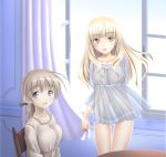  babydoll blonde_hair blue_eyes blush braid breasts brown_hair chair curtains glasses hair_ribbon long_hair lowleg lowleg_panties lynette_bishop mound_of_venus multiple_girls mushoku_no_hourousha navel nightgown nightwear open_mouth open_window panties perrine_h_clostermann ribbon see-through single_braid sitting smile strike_witches underwear window yellow_eyes 