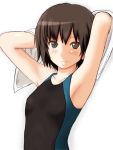  amagami armpits arms_up bad_id black_eyes black_hair competition_swimsuit face nanasaki_ai one-piece_swimsuit short_hair swimsuit towel transparent_background 
