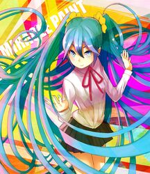  aqua_eyes aqua_hair hatsune_miku long_hair miracle_paint_(vocaloid) nail_polish nosuku scrunchie skirt solo very_long_hair vocaloid 