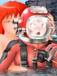  2girls :o blush brown_eyes closed_eyes diving_helmet diving_suit eyes_closed fang gegege_no_kitarou gloves helmet long_hair multiple_girls nekomusume nervous open_mouth red_hair redhead scuba short_hair simple_background strap sweat uzusio water you_gonna_get_raped 