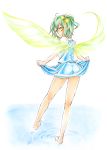  ass bare_legs barefoot beniyaorin bow daiyousei fairy_wings from_behind green_hair hair_bow kneepits legs looking_back marker_(medium) nib_pen_(medium) side_ponytail skirt skirt_lift solo surprised touhou traditional_media walking_on_water water wings yellow_eyes 
