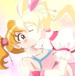  closed_eyes cure_peach dual_persona eyes_closed fresh_precure! hair_ornament kiss magical_girl momozono_love precure red_eyes selfcest shin_(irowanioedo) surprised twintails yuri 