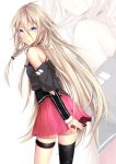  1girl bare_shoulders blonde_hair blue_eyes braid choker highres ia_(vocaloid) long_hair looking_at_viewer off_shoulder sawao_(kenban2) single_thighhigh skirt solo thigh_strap thighhighs twin_braids vocaloid zoom_layer 
