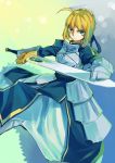  ahoge armor armored_dress blonde_hair dress excalibur fate/stay_night fate_(series) faulds gauntlets green_eyes hair_ribbon highres puffy_sleeves ratsuomo ribbon saber solo sword weapon 