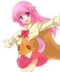  bow cape cosplay dog_days dog_ears dog_tail griefwear hair_down highres long_hair millhiore_f_biscotti open_mouth outstretched_arms pink_hair purple_eyes ricotta_elmar ricotta_elmar_(cosplay) skirt solo tail violet_eyes 