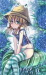  bare_shoulders blonde_hair blush flower green_eyes green_hair hair_ribbon hat hoozuki_shia leaf moriya_suwako mound_of_venus navel no_pants outdoors panties rain ribbon short_hair sitting solo strap_slip striped striped_legwear striped_panties thighhighs touhou underwear wet 