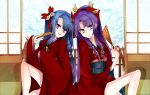  2girls blue_hair fan japanese_clothes kara_hayashi kimono kurabayashi original purple_hair 