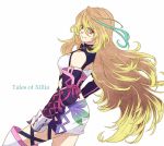  belt blonde_hair blue_hair boots enomoto_(luck-by-luck) gloves gradient_hair long_hair milla_maxwell multicolored_hair red_eyes skirt smile solo tales_of_(series) tales_of_xillia thigh-highs thighhighs title_drop white_legwear 
