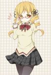  &gt;:) adjusting_glasses bespectacled blonde_hair bow checkered checkered_background chico152 drill_hair glasses hair_ornament mahou_shoujo_madoka_magica pantyhose school_uniform skirt smile solo tomoe_mami twin_drills yellow_eyes 