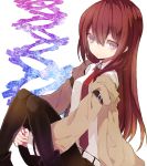  brown_hair gears jacket leg_hug long_hair makise_kurisu miya_(tsumazukanai) necktie pantyhose sitting solo steins;gate 