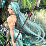  ass backless blue_eyes blue_hair bodysuit exalted forest highres long_hair looking_back muscle nature polearm spear very_long_hair weapon 